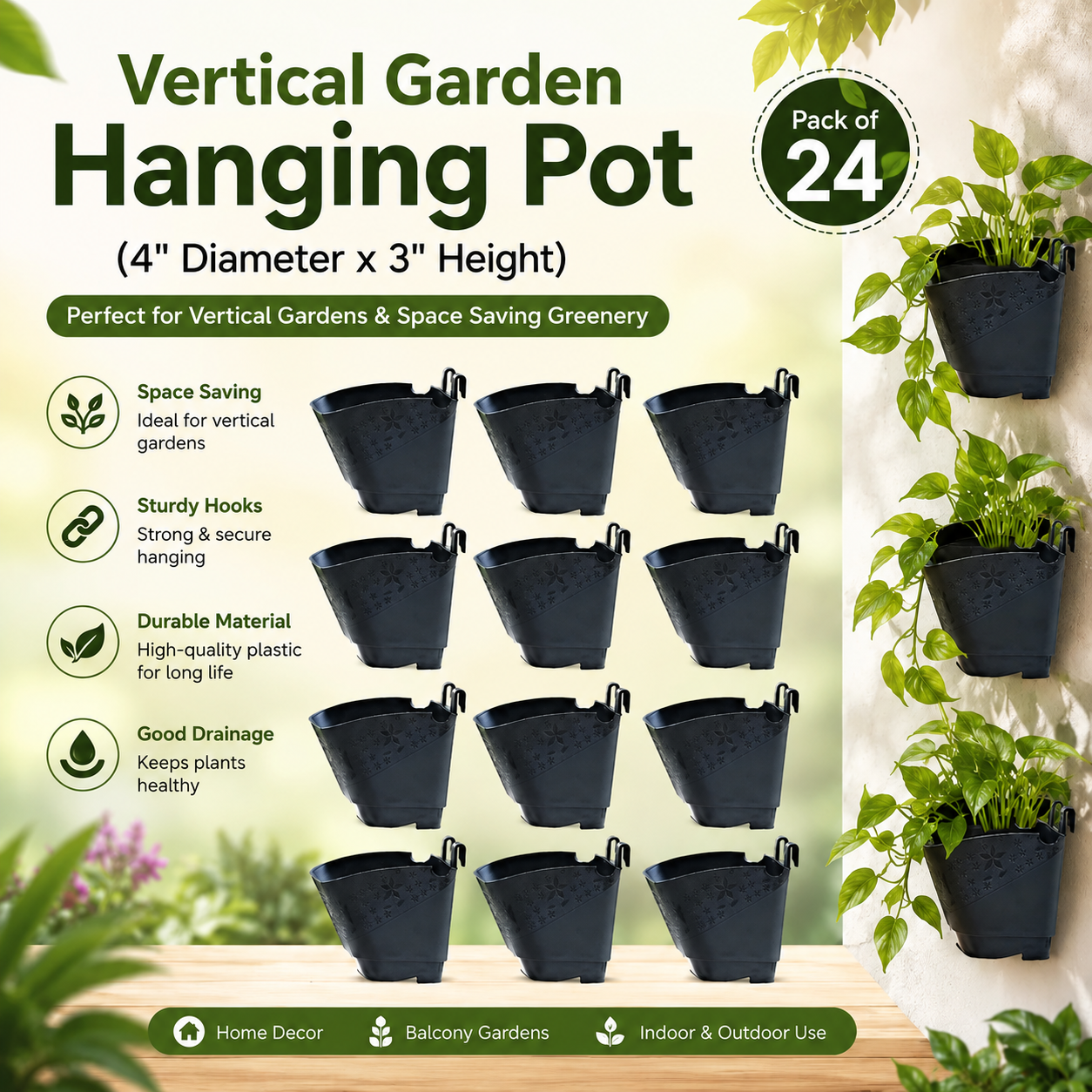 Premium Vertical Hanging Garden Pot (4" Diameter x 3" Height)