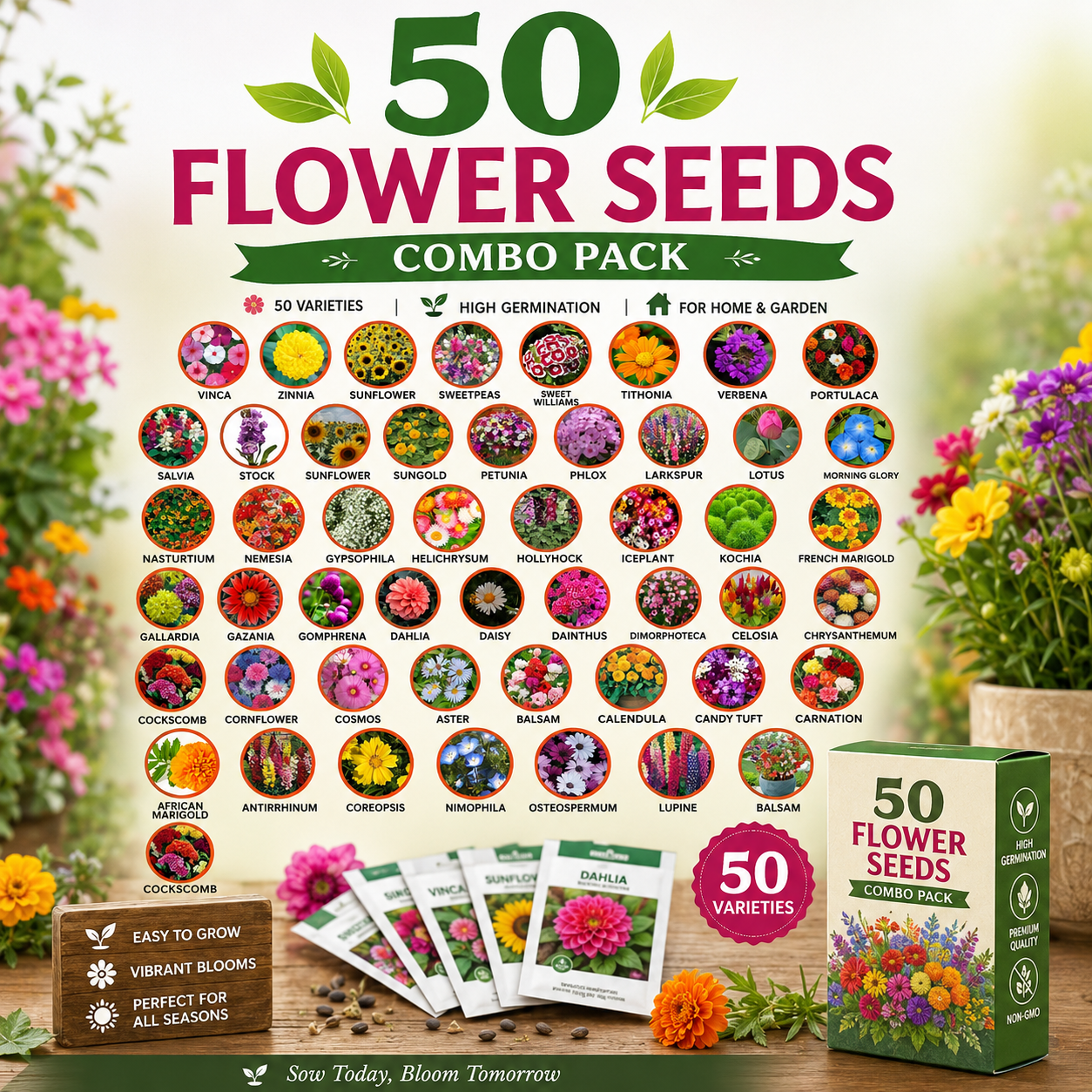 50 Flower Seeds Combo Pack ā 50 Premium Flower Seed Varieties | High Germination | Easy to Grow | Home Garden, Balcony & Terrace Gardening