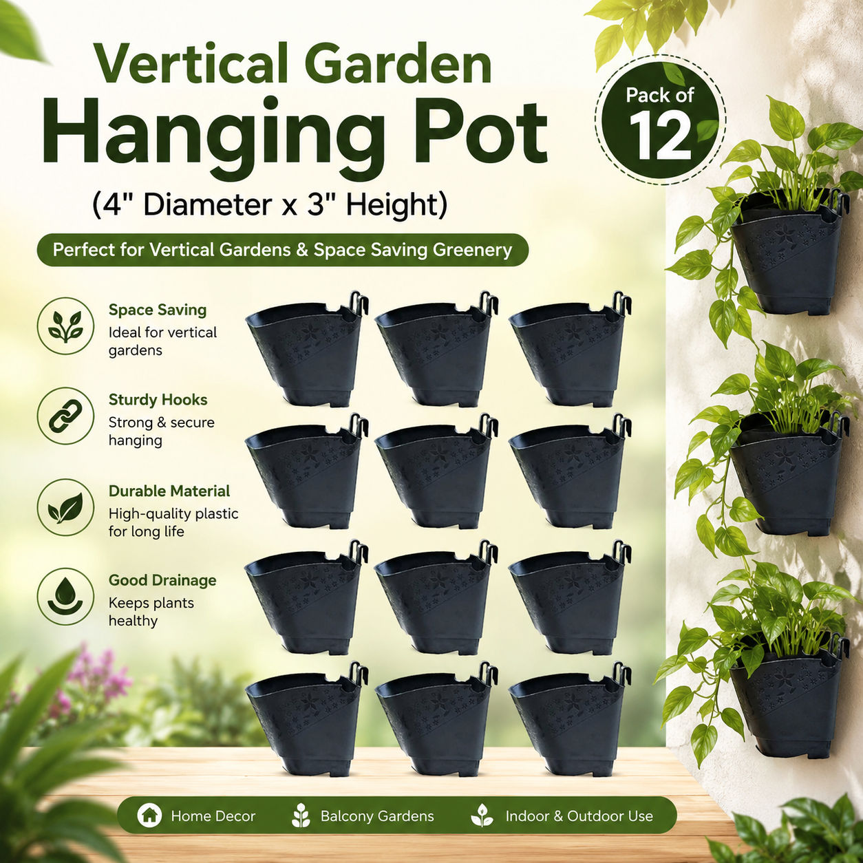Premium Vertical Hanging Garden Pot (4" Diameter x 3" Height)