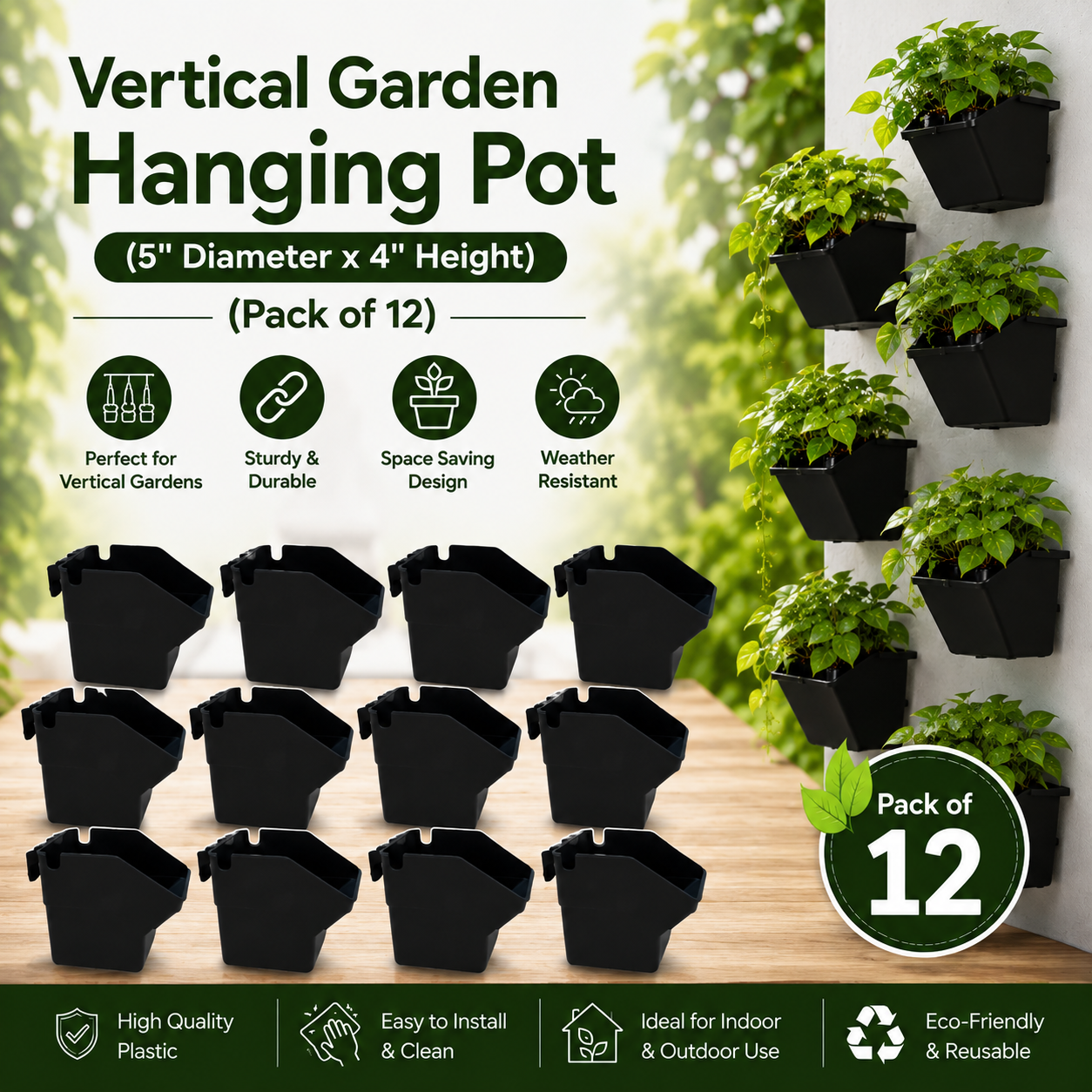 Premium Vertical Hanging Garden Pot (5" Diameter x 4" Height)