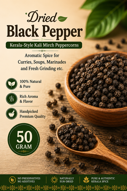 Dried Black Pepper | Kerala-Style Kali Mirch Peppercorns | Aromatic Spice for Curries