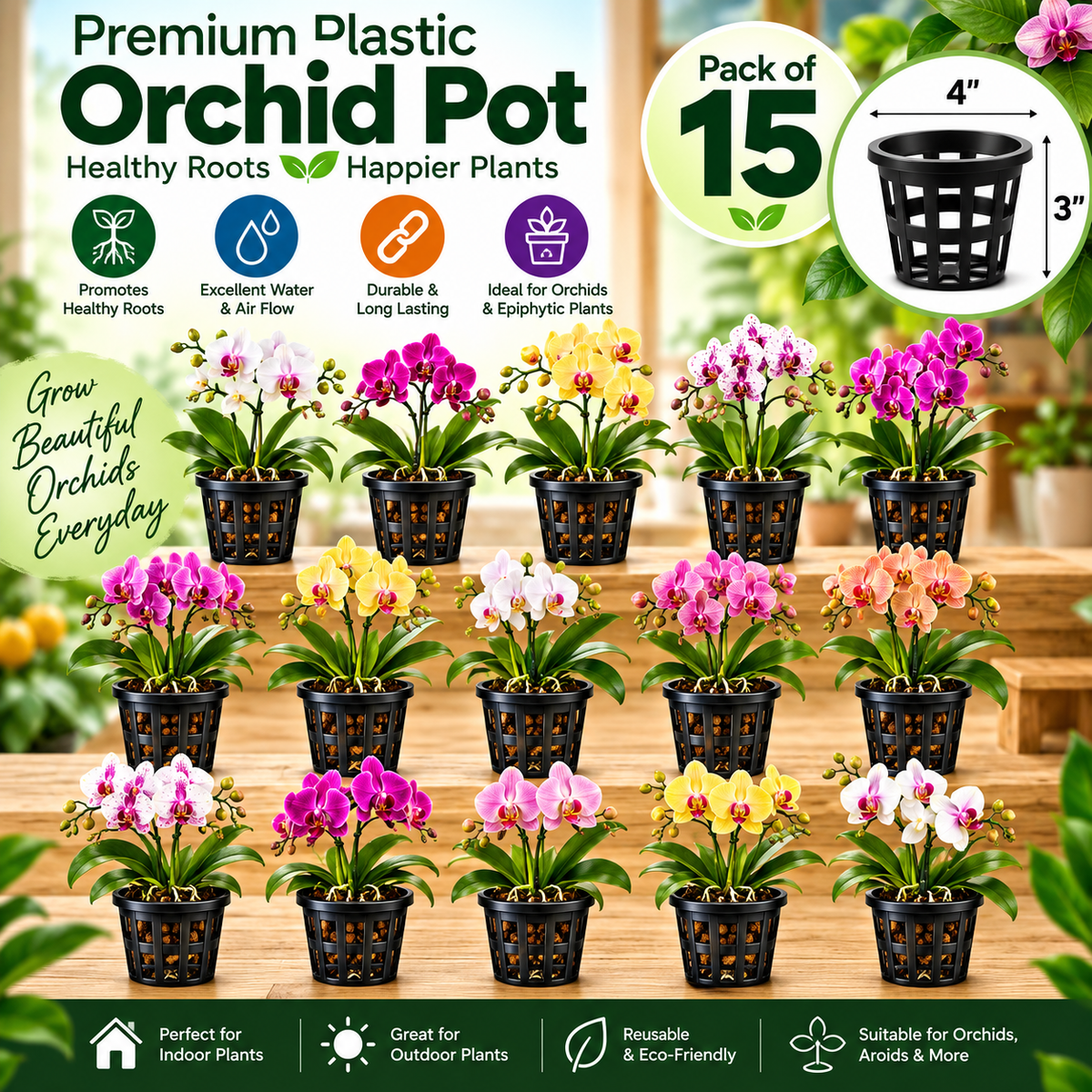 Premium Plastic Hydroponic & Orchid Pot, (4" Diameter x 3" Height)