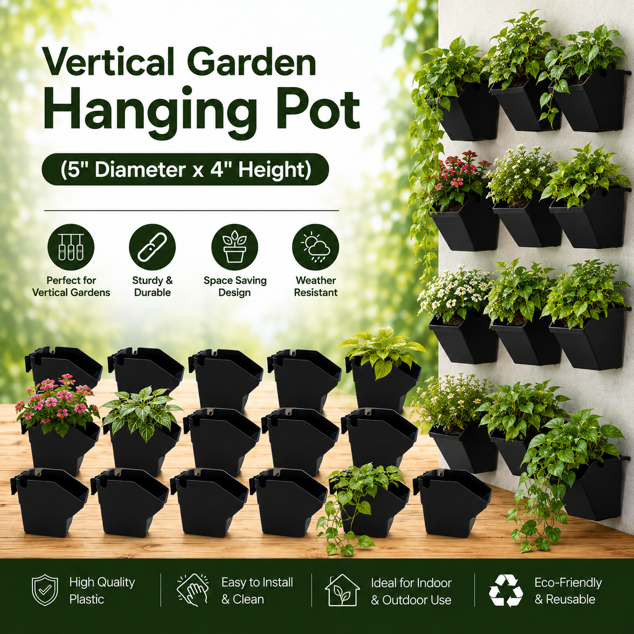Premium Vertical Hanging Garden Pot (5" Diameter x 4" Height)