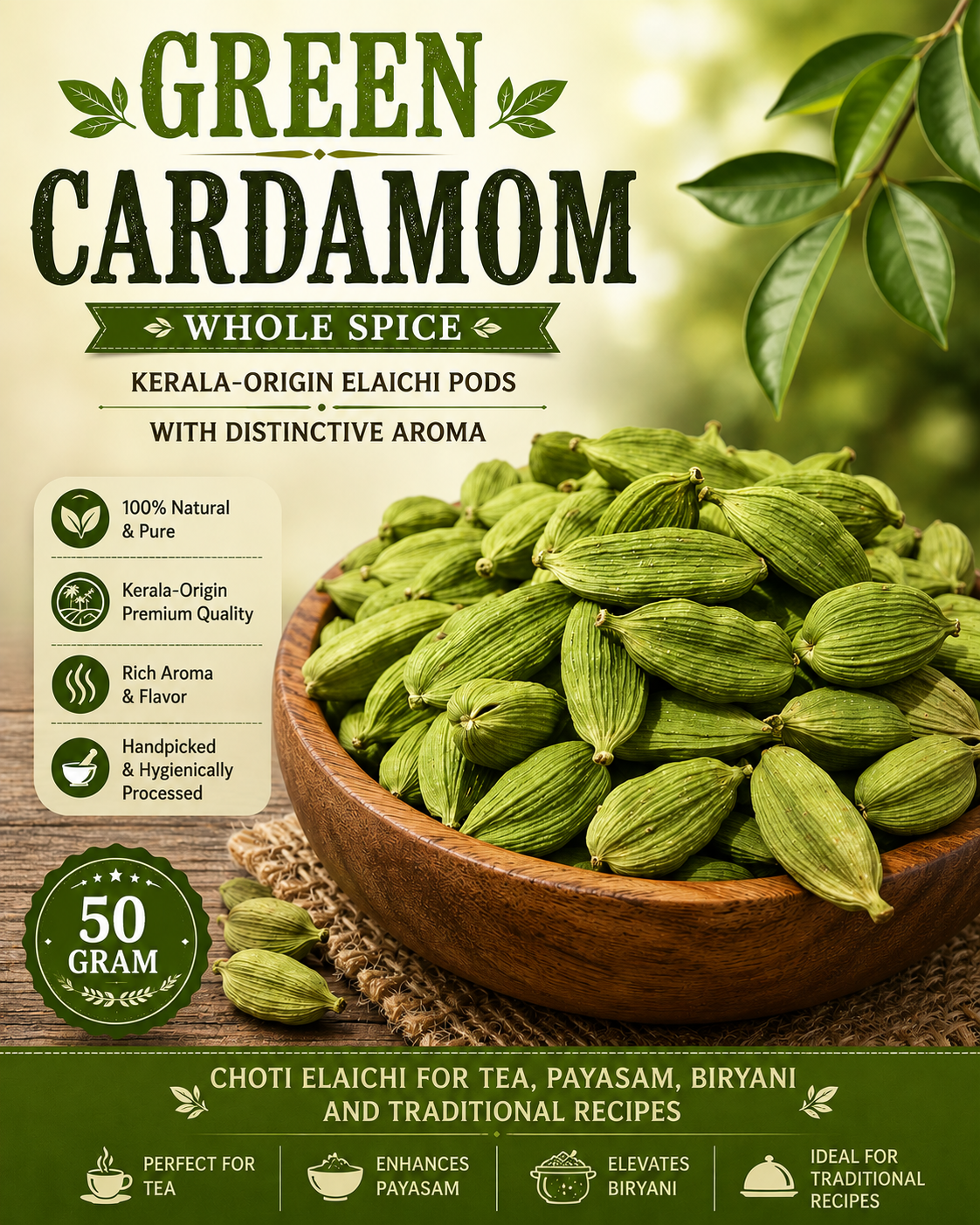 Green Cardamom Whole Spice | Kerala-Origin Elaichi Pods with Distinctive Aroma