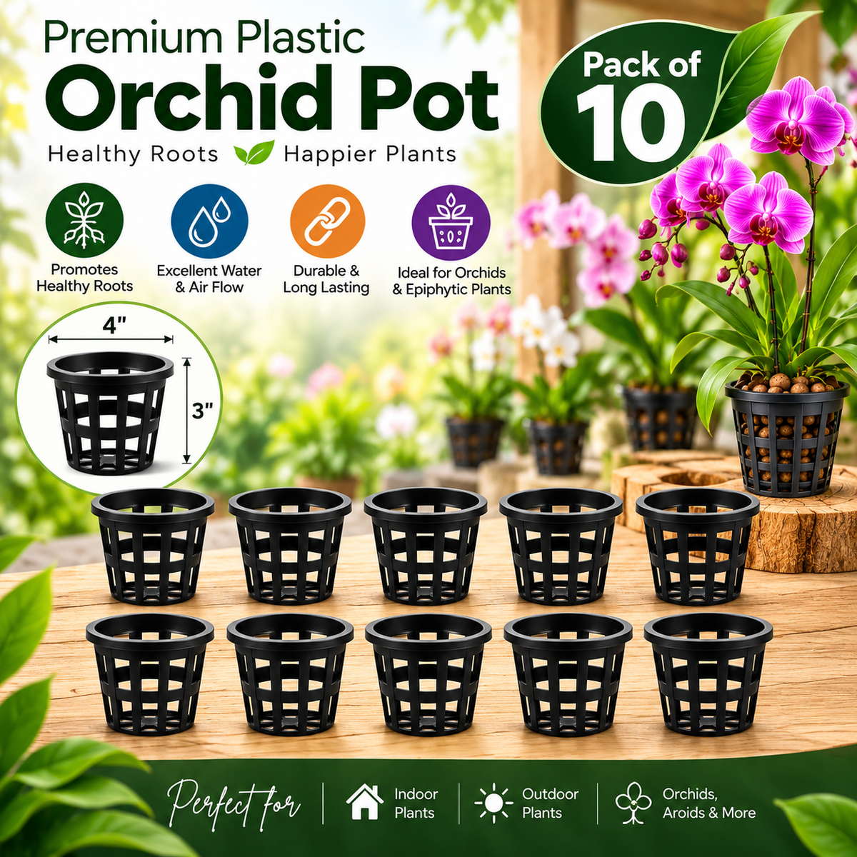 Premium Plastic Hydroponic & Orchid Pot, (4" Diameter x 3" Height)