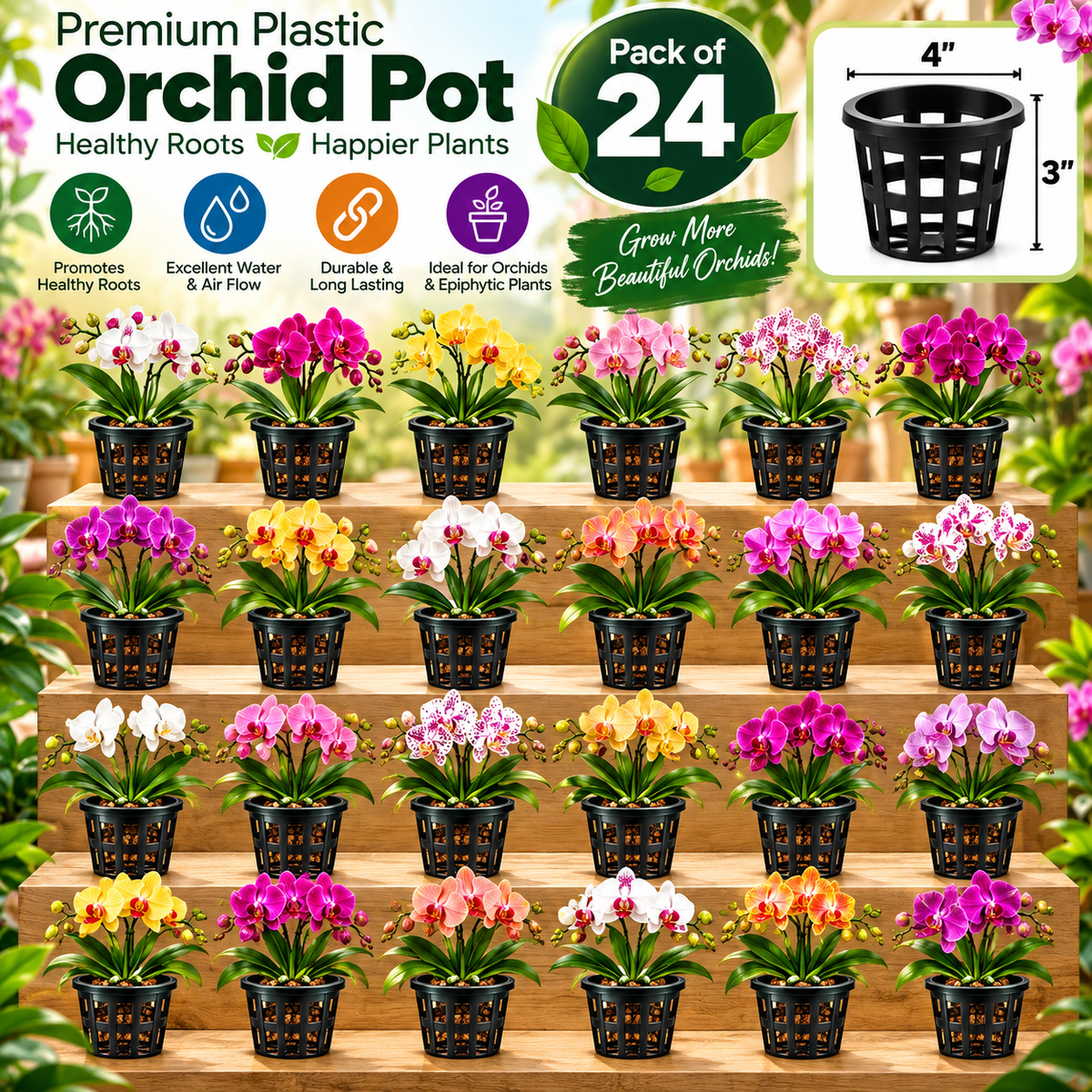 Premium Plastic Hydroponic & Orchid Pot, (4" Diameter x 3" Height)