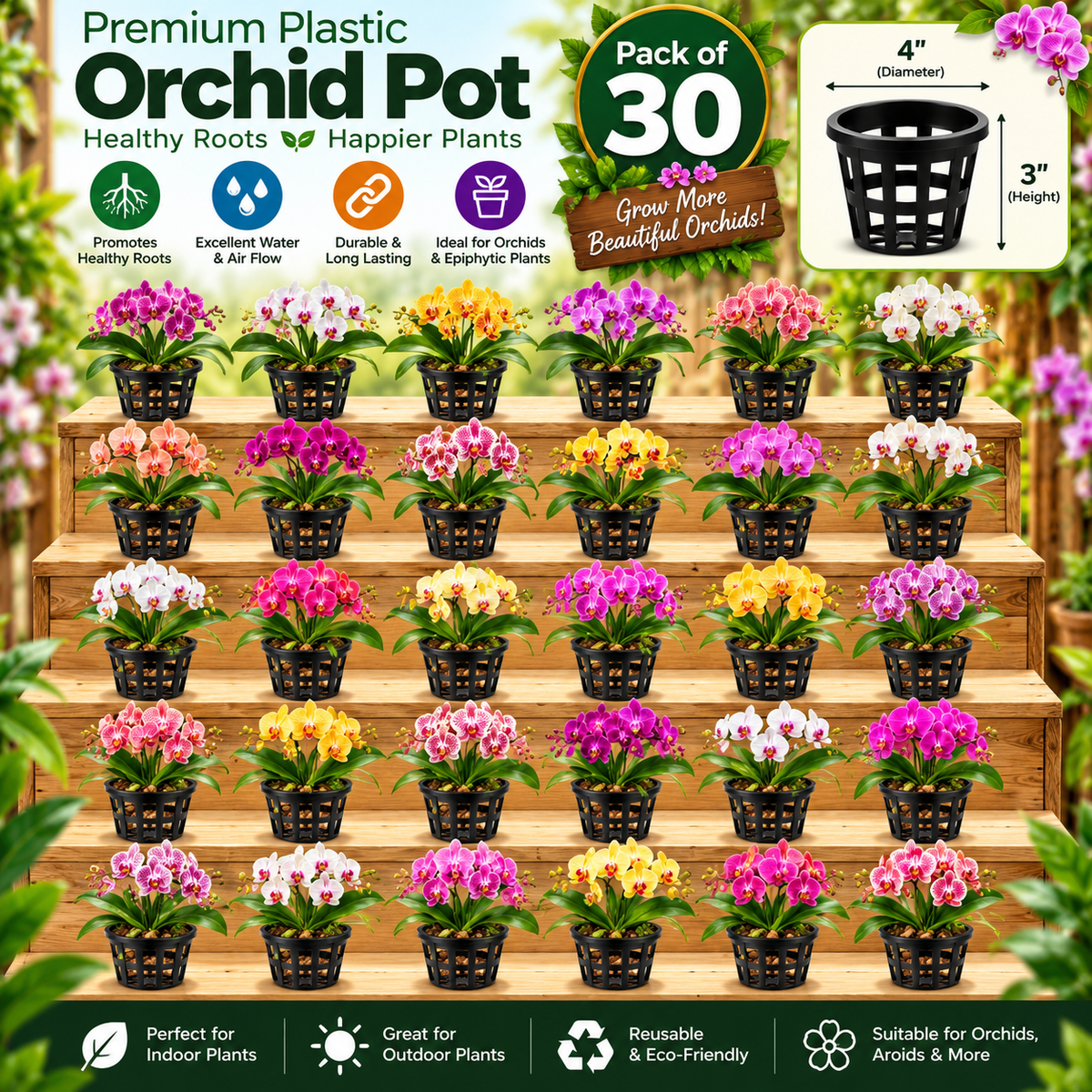 Premium Plastic Hydroponic & Orchid Pot, (4" Diameter x 3" Height)