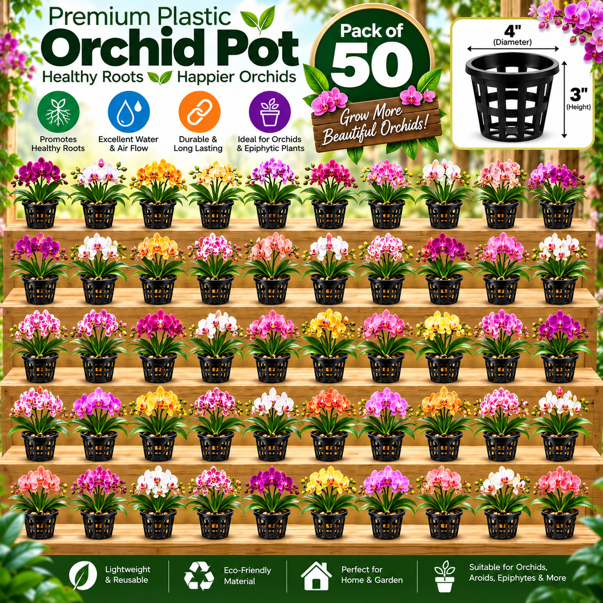 Premium Plastic Hydroponic & Orchid Pot, (4" Diameter x 3" Height)