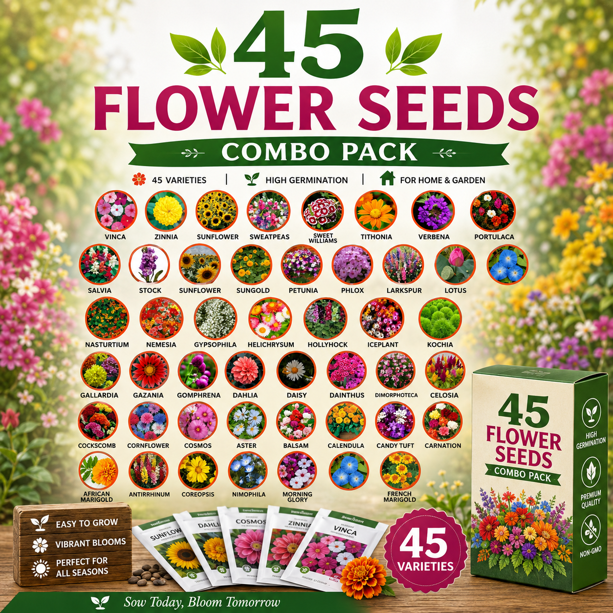45 Flower Seeds Combo Pack – 45 Premium Flower Seed Varieties for Home Garden | High Germination | All Season Flower Seeds